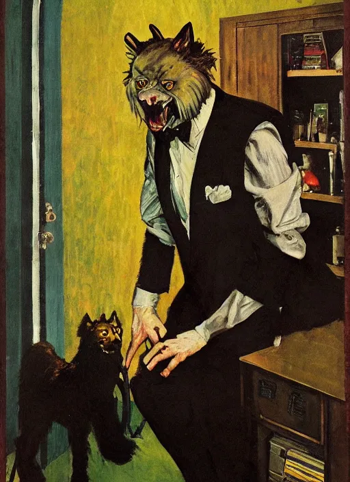 Prompt: full body and head portrait of a huge werewolf in a tuxedo in a dark and dingy dystopian apartment lit by green light, painted by norman rockwell and tom lovell and everett raymond kinstler