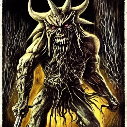 Prompt: big demon with a battle - axe roaring at the screen, heavy metal album cover, demonic, creepy, iron maiden, horror, brutal