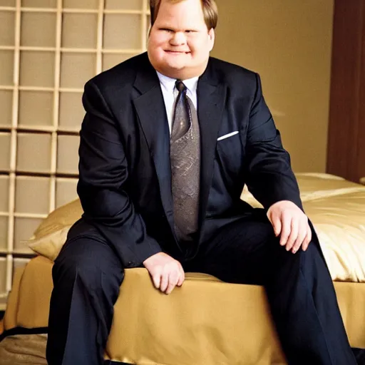 Image similar to Andy Richter is wearing a chocolate brown suit and necktie and is in a bedroom with a window letting in bright morning sunlight. Andy is sitting upright in a bed and is stretching his arm. His mouth his wide open as he yawns.