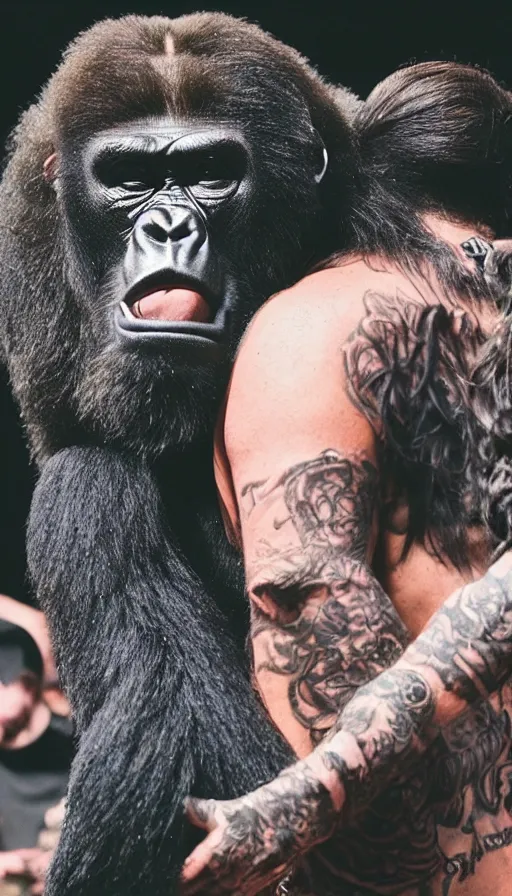 Image similar to Post Malone with a gorilla on his back