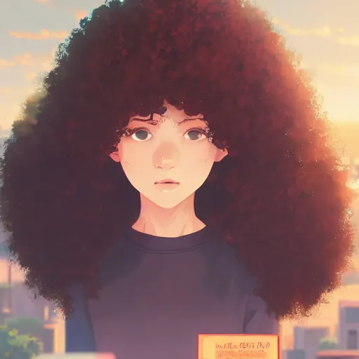 Prompt: a beautiful woman with a soft smile and afro hair , dark brown hair and tan skin, dark brown eyes, city landscape, 4k, anime key visual, lois van baarle, ilya kuvshinov, rossdraws, artstation