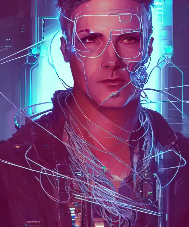 Image similar to a portrait of a male cyberpunk netrunner made of cables, fantasy, elegant, digital painting, artstation, concept art, matte, sharp focus, illustration, art by josan gonzalez