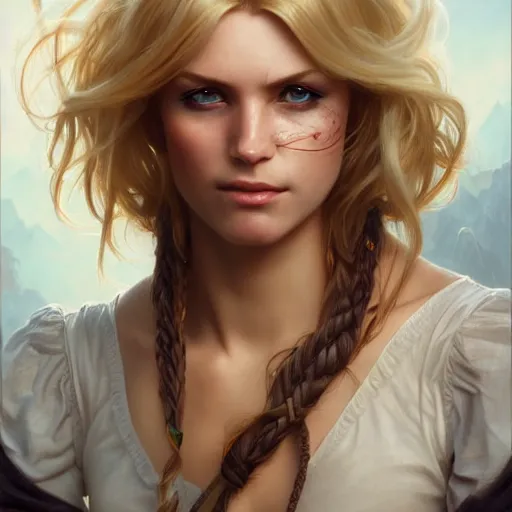 Image similar to portrait of a young ruggedly handsome but joyful pirate, female, feminine, upper body, blonde hair, long hair, d & d, fantasy, seductive smirk, intricate, elegant, highly detailed, digital painting, artstation, concept art, matte, sharp focus, illustration, art by artgerm and greg rutkowski and alphonse mucha