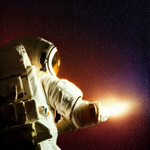 Image similar to astronaut silhouette with arms extended forward, bottom of arms lit by light coming from offcamera, light coming from below, dark background, lit from below, full body photo,, 8 k