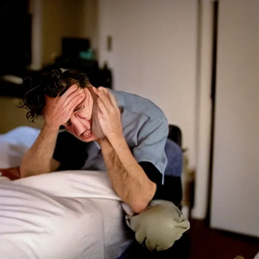 Image similar to jordan peterson crying while making his bed. portra 4 0 0.