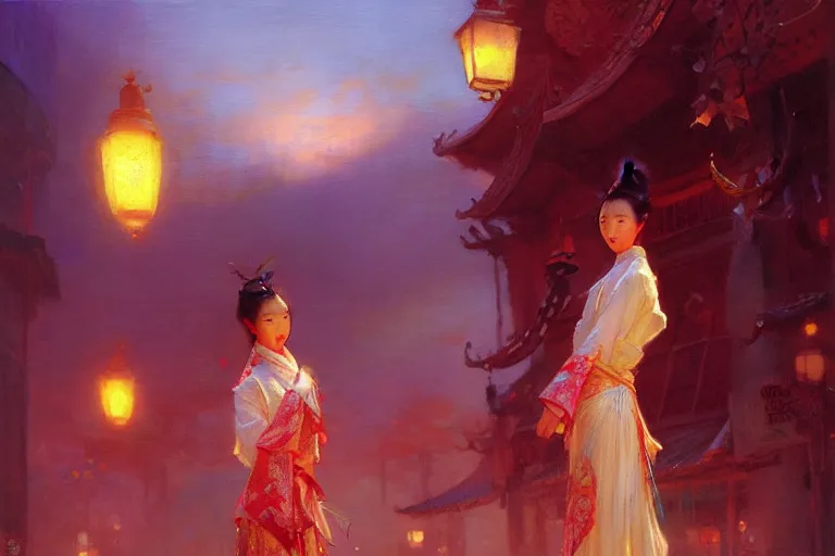 Image similar to wuxia, summer, neon light, painting by gaston bussiere, craig mullins, j. c. leyendecker