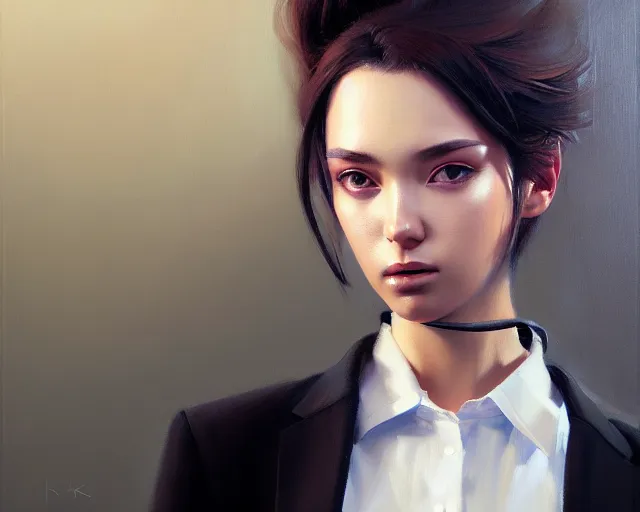 Image similar to a ultradetailed beautiful portrait panting of a stylish woman wearing a shirt with a tie, she has messy hair, oil painting, by ilya kuvshinov, greg rutkowski and makoto shinkai, trending on artstation