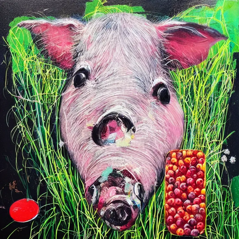 Prompt: “art in an Australian artist’s apartment, portrait of a grassy pig, berries, diamonds, acrylic and spray paint and oilstick on canvas”