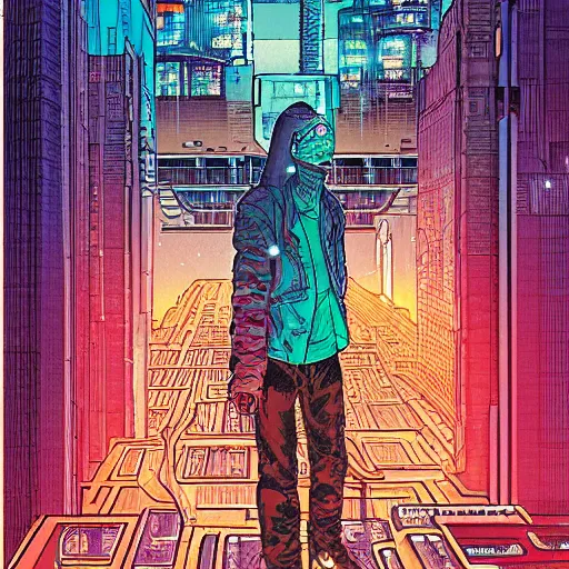 Image similar to Neuromancer cyberpunk cover in Moebius style, energetic