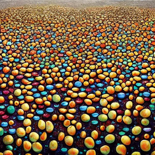 Prompt: a surrealist painting of a world made out of food with popcorn rain and chocolate ponds, in the style of pixar, animation