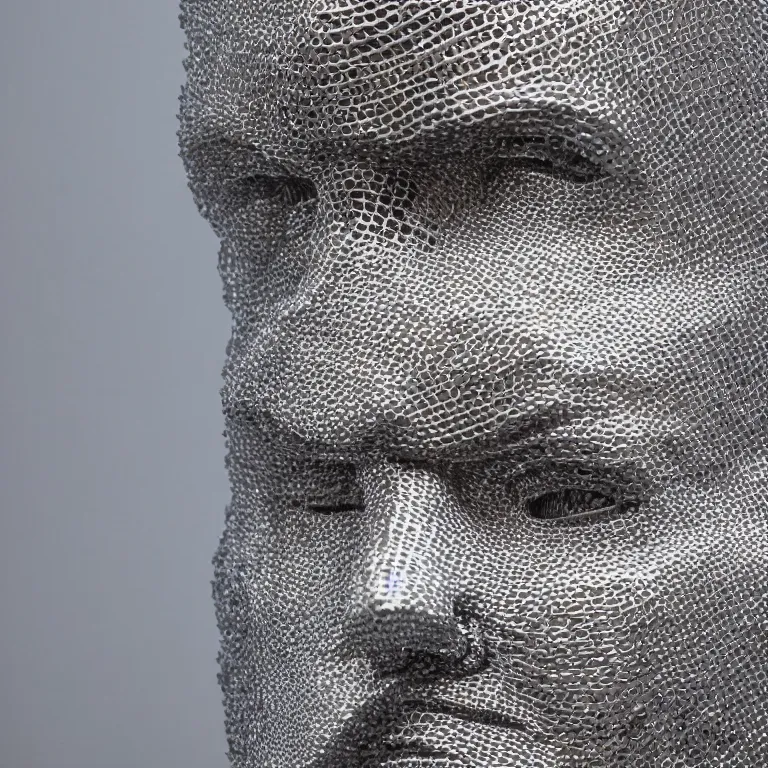 Image similar to studio photograph of accurate portrait sculpture of tom cruise, beautiful symmetrical!! face accurate face detailed face realistic proportions, made of chain mail and plate armor on a pedestal by ron mueck and frank frazzetta, cinematic lighting shocking detail 8 k