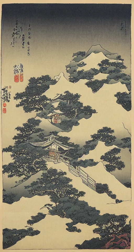 Image similar to hokusai, path of steps leading up to a temple, studio ghibi, japanese style, dreamy, layered, soft, black ink