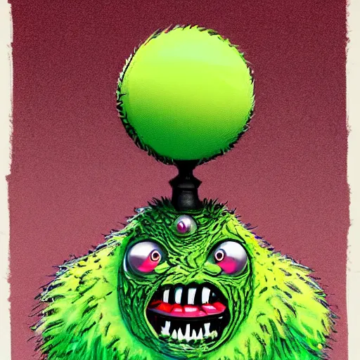 Prompt: a tennis ball monsters ,trash mustache, digital art, fantasy, magic, trending on artstation, ultra detailed, professional illustration by Basil Gogos