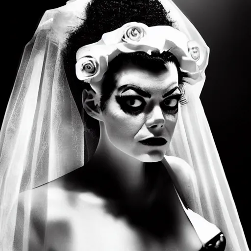 Image similar to emma stone as the bride of frankenstein, black and white