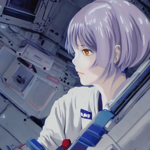 Image similar to Rei Ayanami, female anime character, inside a space station, shot from the ground by Yoshiyuki Sadamoto, digital art, trending on artstation, low level, 8K UHD image, octane render, Howl's Moving Castle, tranquil divine observer Nymph by ismail inceoglu nicola samori dragan bibin hans thoma greg rutkowski Alexandros Pyromallis Nekro Rene Margitte illustrated, official anime key media, hyper realistic vfx simulation, intricately detailed.