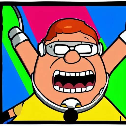 Image similar to svg sticker of a Family-Guy Peter-Griffin at a rave, spinning records, giant headphones rocking out, wearing headphones, huge speakers, dancing, rave, DJ, spinning records, digital art, amazing composition, rule-of-thirds, award-winning, trending on artstation, featured on deviantart