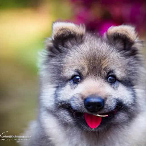Prompt: a keeshond puppy smelling a flower, sigma 8 5 mm f / 1. 4