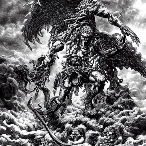 Prompt: a stunning digital masterpiece of hell and heaven at war by kentaro miura, hyper-detailed