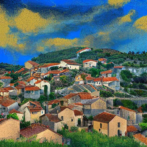 Image similar to village on a prominence in provence, digital art, blue skies