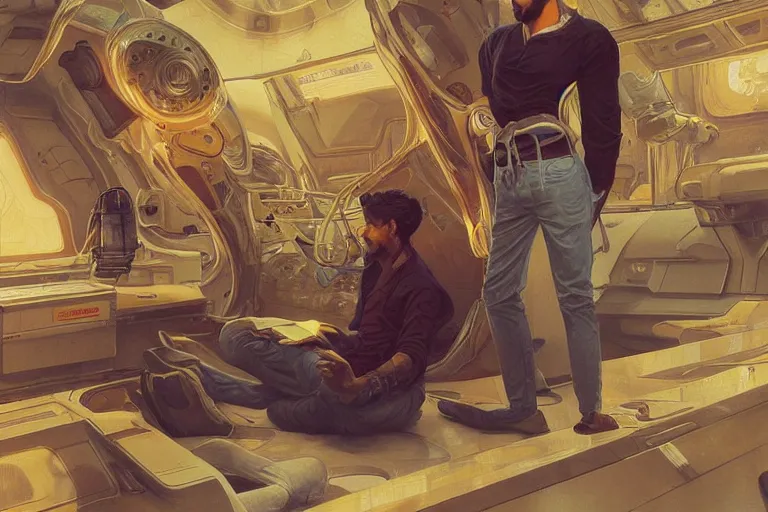 Image similar to Exhausted good looking pale young Indian doctors wearing jeans in a space station above Earth performing surgery, portrait, elegant, intricate, retrofuturistic digital painting, artstation, concept art, smooth, sharp focus, illustration, art by artgerm and greg rutkowski and alphonse mucha