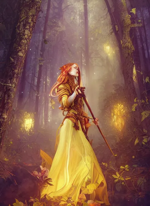 Image similar to intricate oil painting portrait by Anna Dittmann depicting a stunning female fantasy cleric in a bright temple surrounded by yellow spring forest and dead trees, evening, atmospheric lighting, intricate detail, cgsociety, hyperrealistic, octane render, RPG portrait, ambient light, dynamic lighting