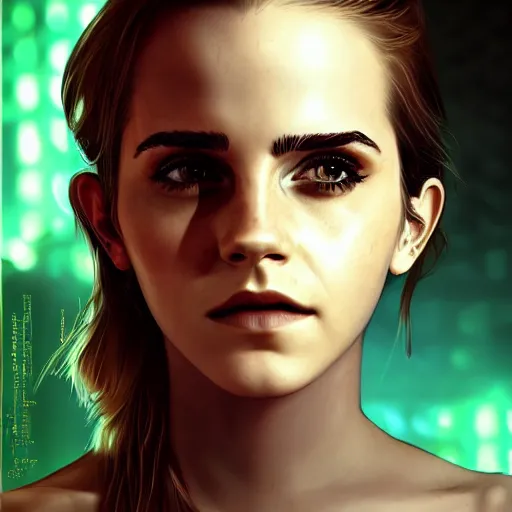 Prompt: Portrait of Emma Watson, cyberpunk style futuristic neon lights, artstation cgsociety masterpiece highly-detailed