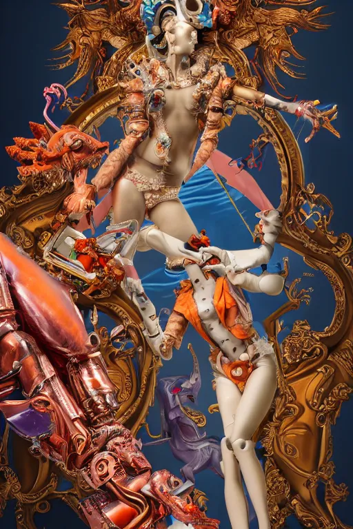 Image similar to full-body rococo and cyberpunk style sculpture of a young handsome Spanish prince half android with a chest exposing a glowing orange gem wearing high heel red boots, glowing pink laser eyes, crown of blue gears and giant diamonds, swirling salmon-colored silk fabric, robotic raptors dinosaurs. baroque elements. full-length view. intricate artwork by caravaggio. Trending on artstation, octane render, cinematic lighting from the right, hyper realism, octane render, 8k, depth of field, 3D