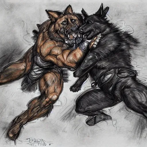 Image similar to a humanoid german shepherd beast - man wrestling with another german shepherd in the middle of an arena, pencil art, added detail, high definiton, colored, aerial viewyoji shinkawa