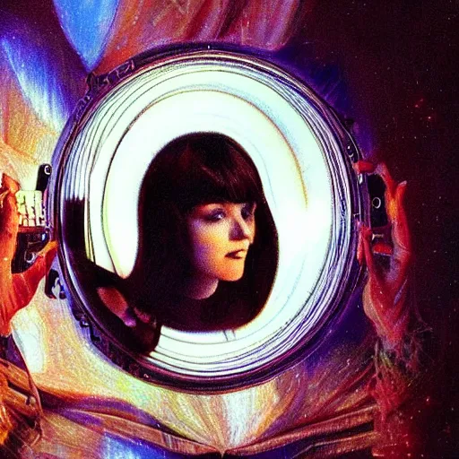 Image similar to A drawing. A rip in spacetime. Did this device in her hand open a portal to another dimension or reality?! autochrome, x-ray photography by Les Edwards, by John Perceval aesthetic