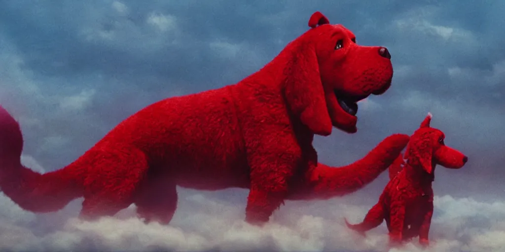 Image similar to film still of clifford the big red dog in the new godzilla movie