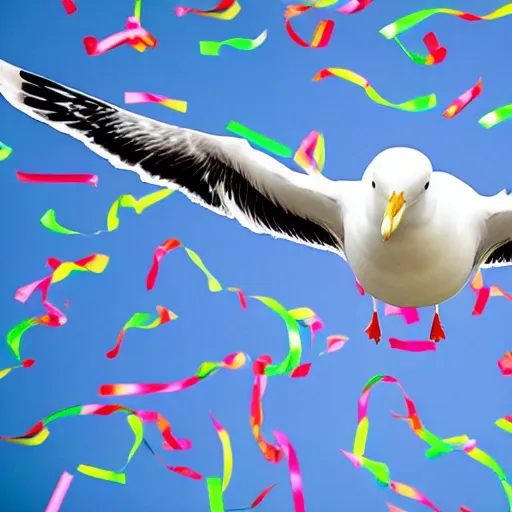 Image similar to a seagull with party streamers for wings, uhd, 8 k