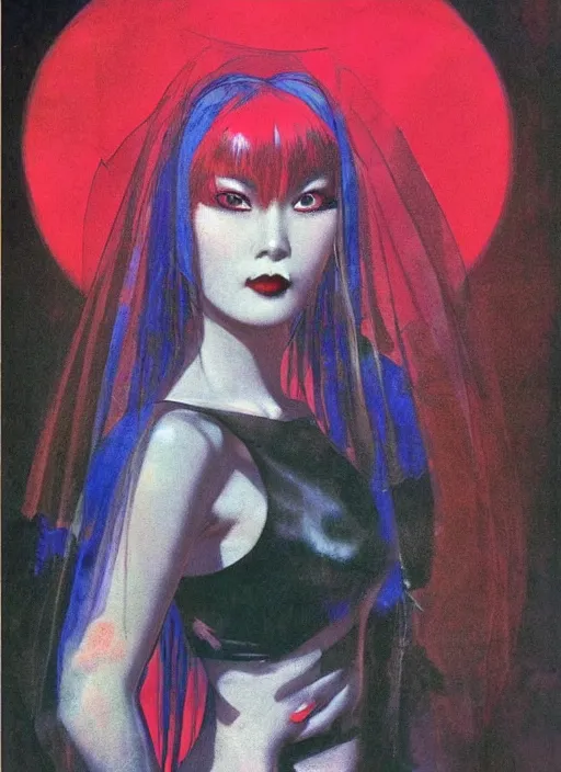 Image similar to portrait of mighty korean vampiress, jeweled veil, strong line, saturated color, beautiful! coherent! by frank frazetta, high contrast, minimalism