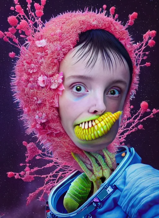 Image similar to hyper detailed 3d render like a Oil painting - kawaii portrait in spaceship (an astronaut girl with suit like a skeksis from dark crystal that looks like millie bobby brown and Krysten Ritter) seen Eating of the Strangling network of yellowcake aerochrome and milky Fruit and His delicate Hands hold of gossamer polyp blossoms bring iridescent fungal flowers whose spores black the foolish stars by Jacek Yerka, Ilya Kuvshinov, Mariusz Lewandowski, Houdini algorithmic generative render, Abstract brush strokes, Masterpiece, Edward Hopper and James Gilleard, Zdzislaw Beksinski, Mark Ryden, Wolfgang Lettl, hints of Yayoi Kasuma, octane render, 8k