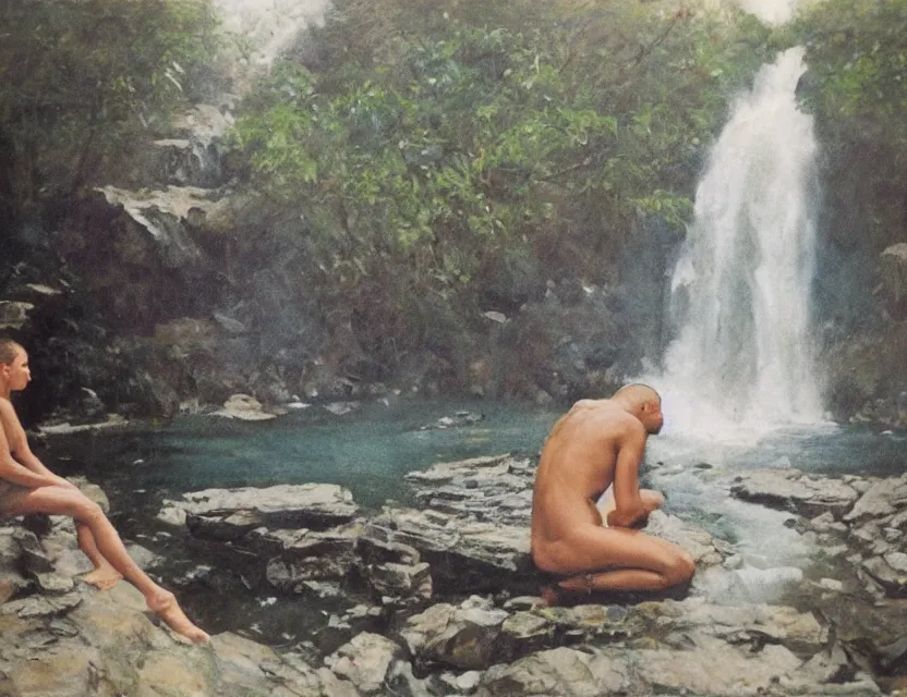Prompt: by steve hanks, by serov valentin, by lisa yuskavage, by andrei tarkovsky, by terrence malick focused monk sits near waterfall, polaroid, vintage, soft lights, foggy, oil on canvas