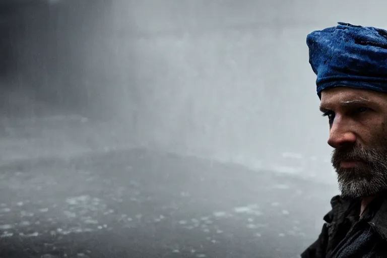 Image similar to a cinematic headshot photograph of a beautiful homeless war veteran, stood in a tunnel, rain, film still, cinematic, dramatic lighting, blue color theme, by zack snyder