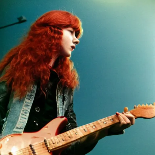 Prompt: 19-year-old girl wearing black leather jacket and denim jeans, shaggy wavy red hair, holding electric guitar, 1973 concert photo