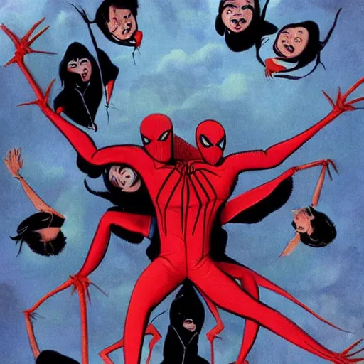 Prompt: evil spiderwoman capturing big children, realistic,