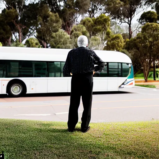 Image similar to a elderly man standing on top of a transperth bus, canon eos r 3, f / 1. 4, iso 2 0 0, 1 / 1 6 0 s, 8 k, raw, unedited, symmetrical balance, wide angle