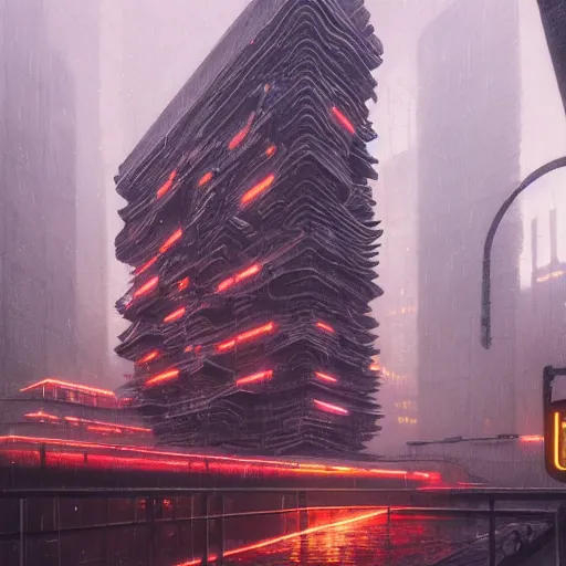 Image similar to highly detailed brutalist architecture city, with neon lights, while it's raining, stephen bliss, unreal engine, fantasy art by greg rutkowski, loish, rhads, ferdinand knab, makoto shinkai, ilya kuvshinov, rossdraws, global illumination, radiant light, detailed and intricate environment