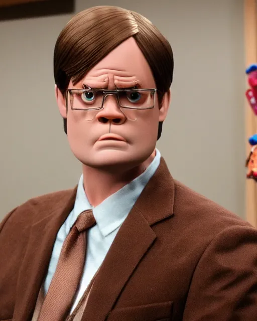 Image similar to a still if dwight schrute with brown suit as a muppet in the office. highly detailed felt. hyper real photo. 4 k.