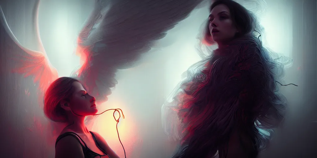 Prompt: passion, portrait by irakli nadar, alterd carbon, angel protecting woman, neon, detailed intricate render, dark atmosphere, detailed illustration, hd, 4 k, digital art, overdetailed art, surrealistic, by greg rutkowski, by loish, complementing colors, trending on artstation, deviantart