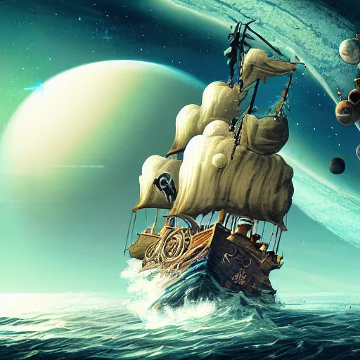 Image similar to pirate ship sailing through space with distant planets visible in the background no water, trending on artstation, ultra fine detailed, hyper detailed, hd, concept art, digital painting