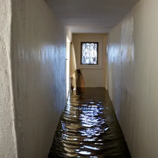 Image similar to flooded hallway in a cozy house, oddly familiar, liminal, unsettling,