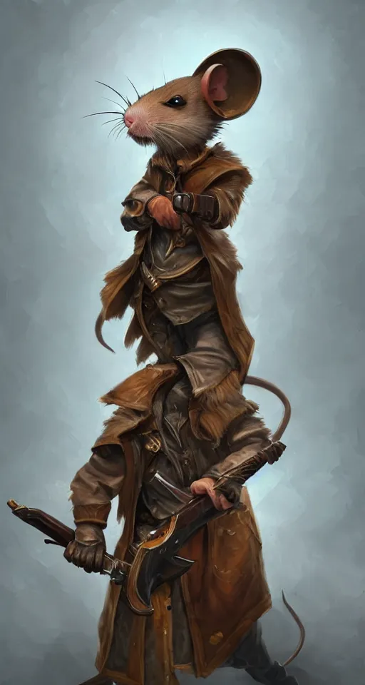 Image similar to illustration of a rat holding a wooden shotgun wearing a coat, dramatic standing, intricate, elegant, highly detailed, centered, digital painting, artstation, concept art, smooth, sharp focus, league of legends concept art, wlop