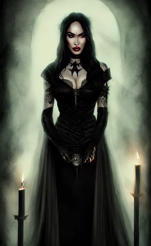 Image similar to megan fox witch queen, black eyes, blood, full body, intricate victorian dress, full body, cinematic lighting, symmetrical eyes, rafael albuquerque, charlie bowater, moody lighting, candles