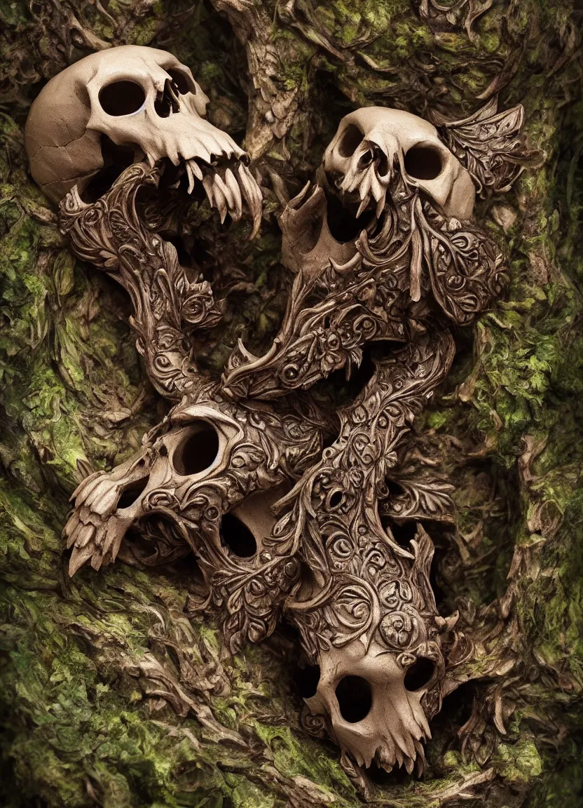 Image similar to ornate carved rat skull statue inside ancient forest, natural light, artwork by neil gaiman maria panfilova andrea savchenko mike kime ludovic plouffe qi shengluo oliver cook julian calle eddie mendoza, trending on artstation