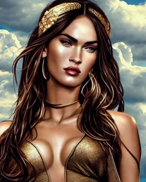 Prompt: megan fox as a Greek goddess in the sky, hyper ultra mega realistic