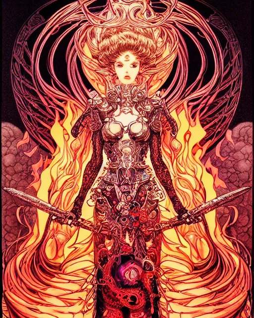 Image similar to hyper detailed illustration of the goddess of fire, intricate linework, lighting poster by moebius, ayami kojima, 90's anime, retro fantasy