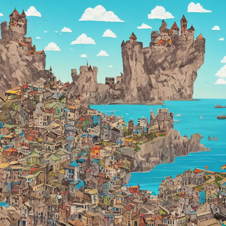 Prompt: in the style of petros afshar, art of a medieval castle and bustling town floating on top of a giant rock next to a beach and a clear blue sea mountain range