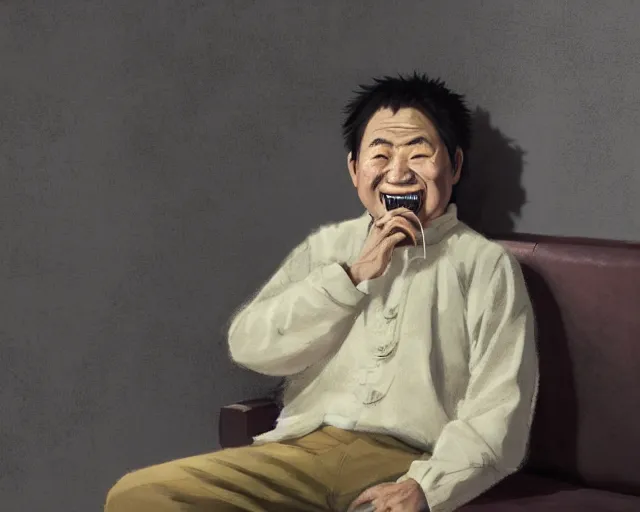 Prompt: a 50 year old brunnete happy chinese man with puffy cheeks sitting on a couch at home and talking on the phone, close up shot, anime art, Greg Rutkowski, studio ghibli, dramatic lighting